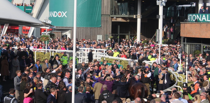 Crowd by parade ring after grand national race 2023