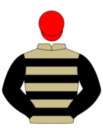 beige with black hoops black sleeves red cap